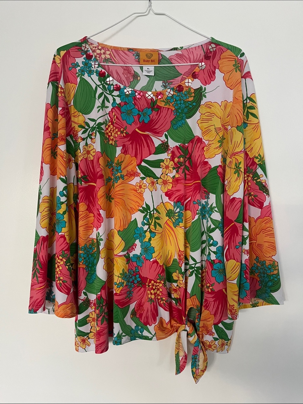 Ruby Rd. Floral Tie-Hem Blouse in Pink, Yellow, Green, Blue